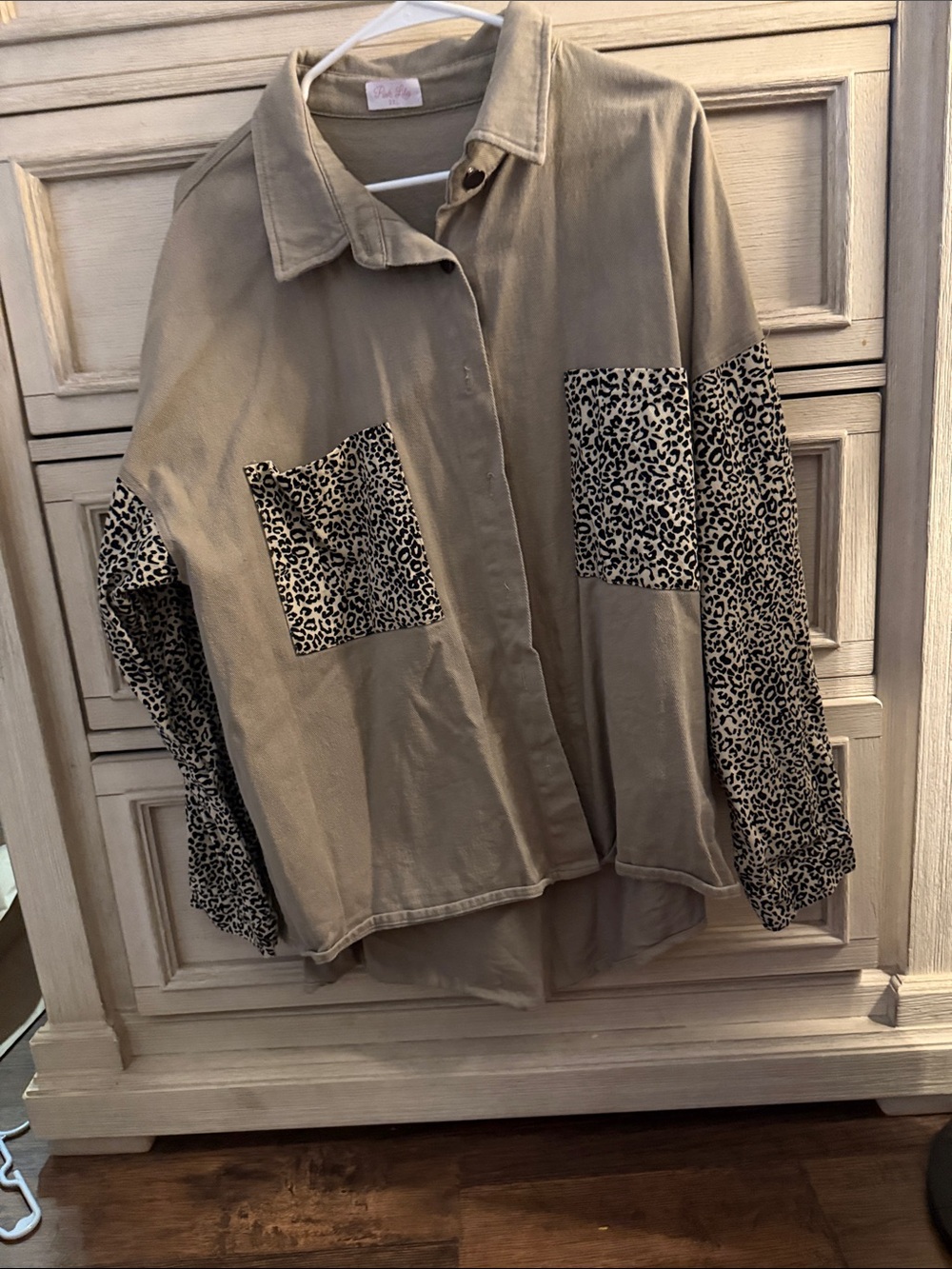 Pink Lily Tan Jacket with Leopard Print Pockets & Sleeves